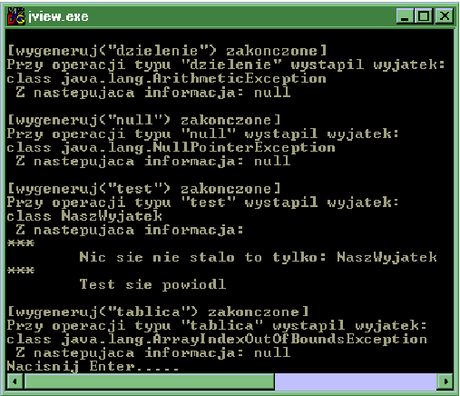 Wynik wykonania aplikacji Wyjatek
