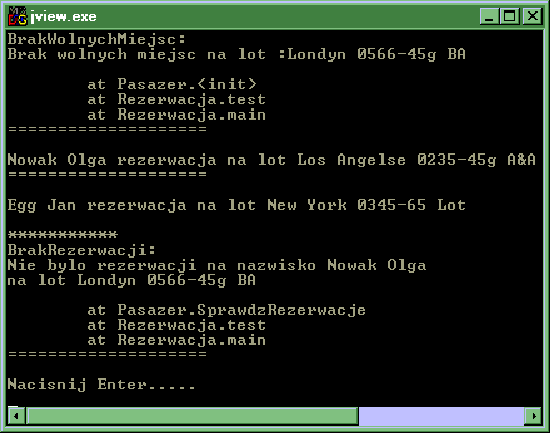 Wynik wykonania aplikacji Rezerwacja